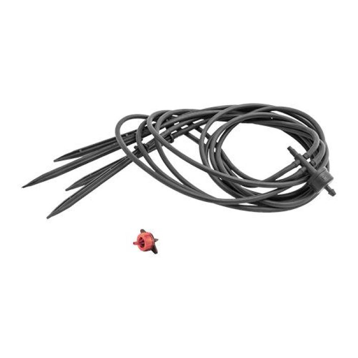 Kasteluletkusetti Waterspin 4 8l/h Nelja 4mm metrista kasteluletkua tippukastelusuuttimilla, seka 8 l/h Kasteluletkusetti Waterspin 4 8l/h Nelja 4mm metrista kasteluletkua tippukastelusuuttimilla, seka 8 l/h